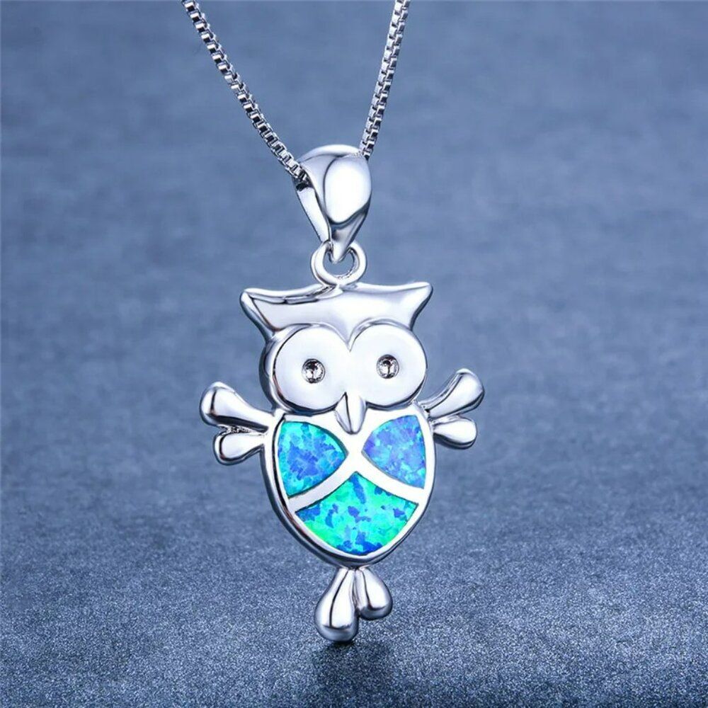 Blue Fire Opal Cute Owl Pendant Silver Necklace & Chain